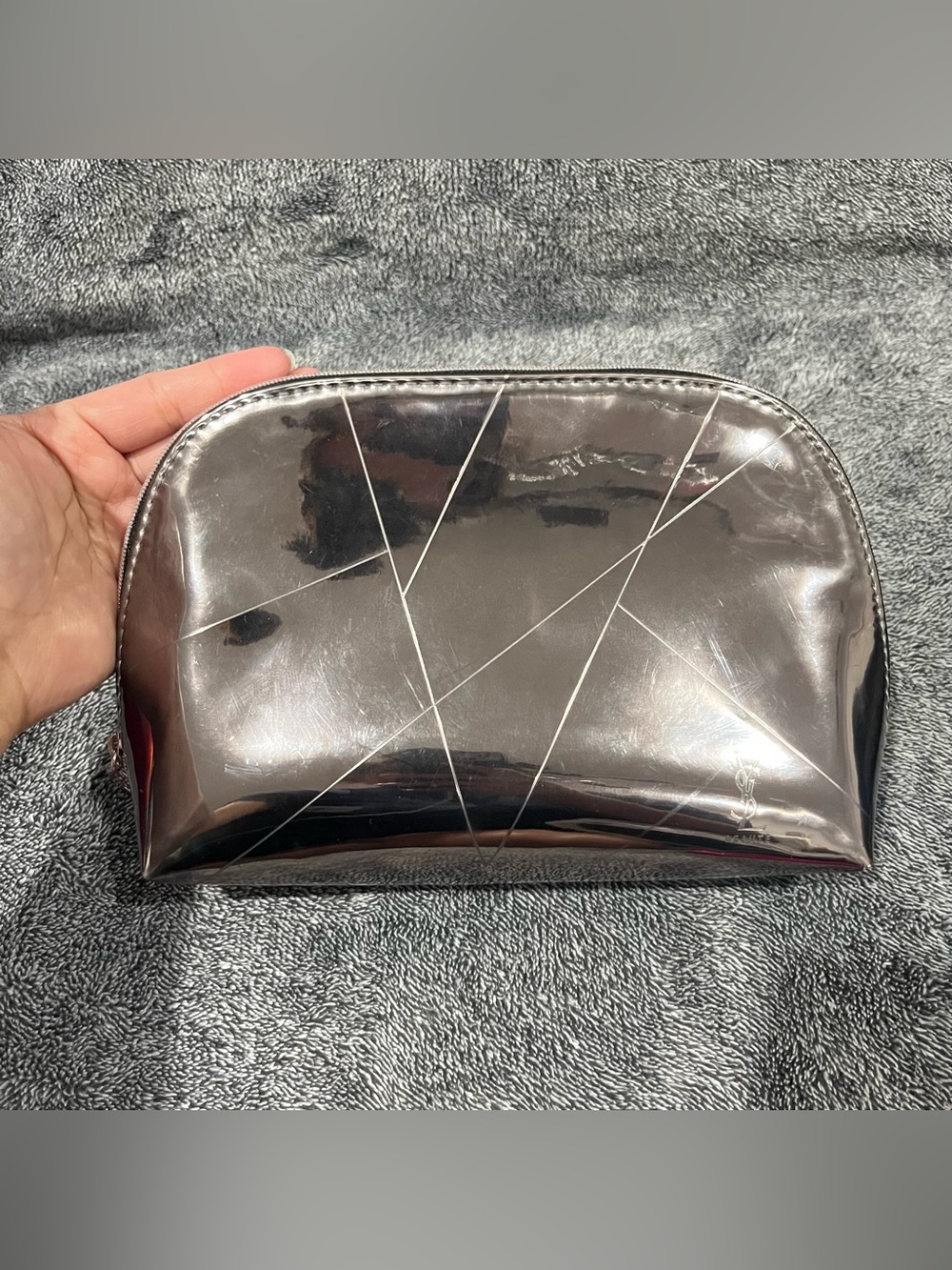 Yves Saint Laurent (YSL) metallic gunmetal cosmetic pouch